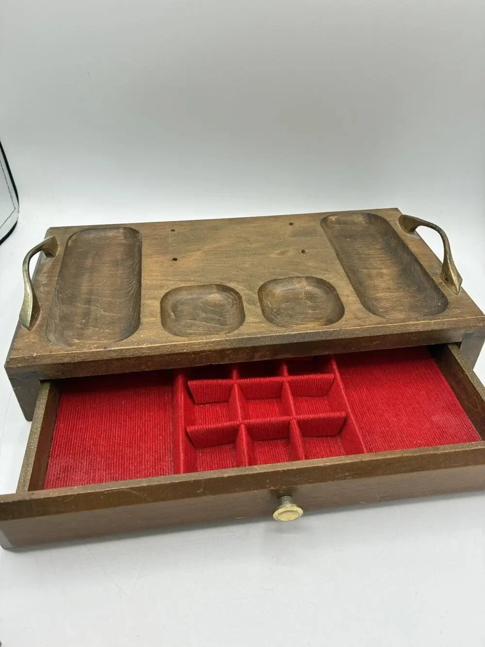 Vintage Japanese Wood Mens Valet Dresser Caddy Brass Handles Red Lined Drawer